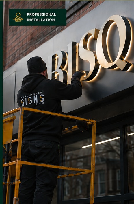 Manchester Signs Centre installing illuminated 3D letters on site