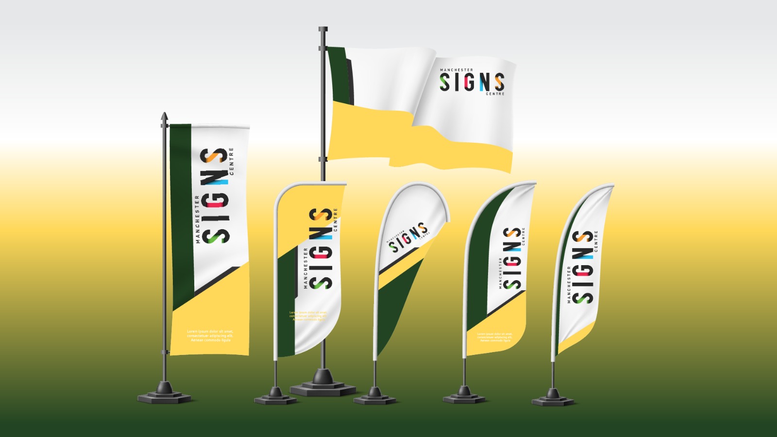 Signs and flags displayed on a bright yellow background, creating a vibrant and eye-catching visual.