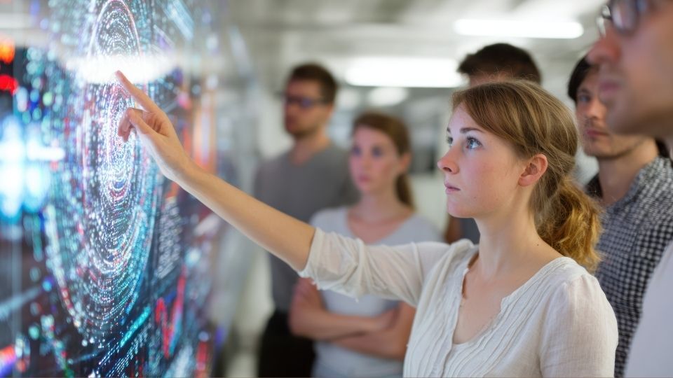 (In the image a girl can be seen interacting with a digital signage screen)
