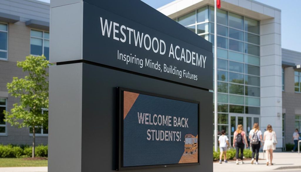 A modern, grey "WESTWOOD ACADEMY" signage board stands proudly outside a contemporary school building under a clear blue sky. The sign features the motto "Inspiring Minds, Building Futures" and includes a digital display currently showing "WELCOME BACK STUDENTS!" with a school bus icon. In the background, students walk towards the school entrance, and a Canadian flag flies overhead.