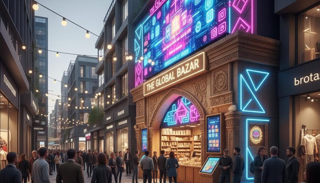 (A bustling modern market street at dusk, with a crowd of people drawn to "THE GLOBAL BAZAR" shop. The shop stands out with its unique mixed branding: a large, vibrant digital display featuring abstract neon patterns and dynamic visuals above a more traditional, ornate entrance. Glowing neon signs and string lights illuminate the street, creating an inviting and lively atmosphere.)