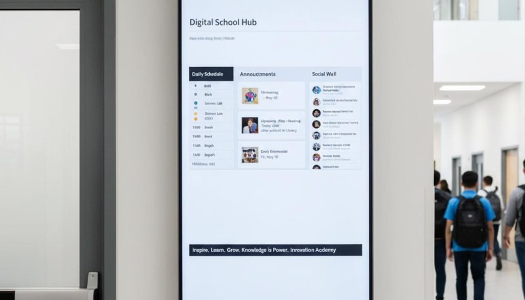 A sleek "Digital School Hub" signage display is mounted on a white wall in a modern school hallway, showcasing a daily schedule, announcements, and a social wall for "Innovation Academy." Students are blurred in the background, walking past the screen, which effectively demonstrates contemporary "Digital School Signage" in action.