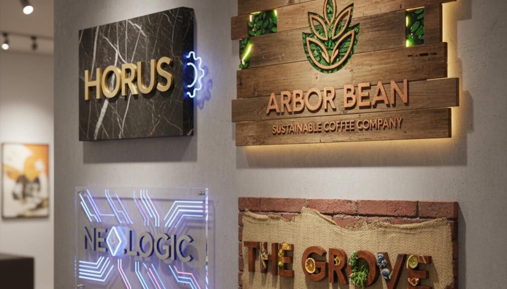 (A concrete wall showcases four diverse business signs demonstrating mixed-material branding. )mixed material branding