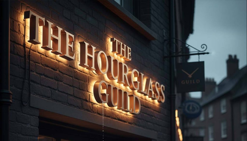 A smiling couple stands in front of "The Hourglass Guild," a shop with glowing, high-quality "outdoor letter signs" that beautifully illuminate its name on a dark brick facade. The man points towards the sign while the woman holds a phone, both looking up with admiring expressions, showcasing how impressive signage attracts attention.