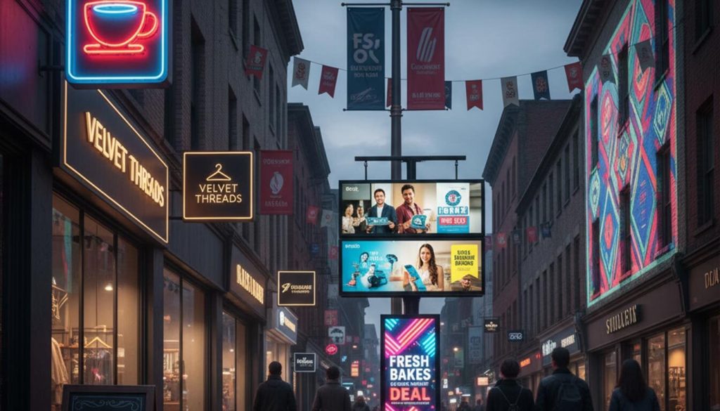 An urban street at dusk showcases a vibrant array of "different kinds of promotional signs for retail businesses." Neon signs glow from storefronts like "Velvet Threads" and a coffee shop, while digital billboards on a lamppost display dynamic advertisements. 