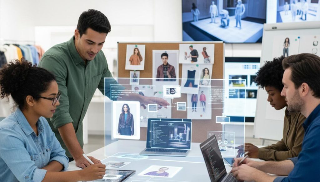 A diverse team of four professionals collaborates around a modern table, working on "How to Create Effective Personalised Displays." They interact with holographic projections and digital interfaces showing user profiles, design elements, and data flows, while a mood board with various images sits in the background, illustrating a dynamic and creative design process.