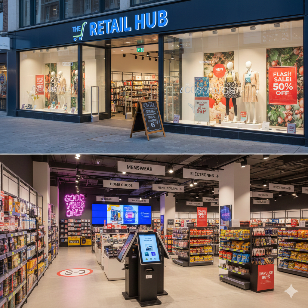 Images showing outdoor signage of retail Hub and inside hanging signs of multiple sections. Why its matter to choose Right Retail Signage for Your Store