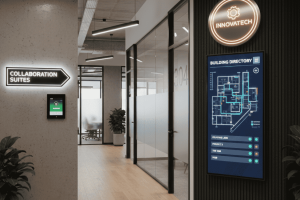 (Digital building directory and neon 'Collaboration Suites' wayfinding sign in a modern office hallway.)
